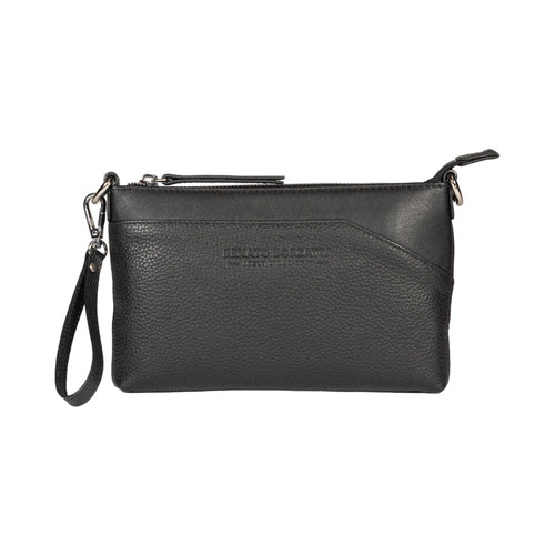 RB2003A | Genuine full-grain leather shoulder/wrist bag, dollar/light grain. Removable shoulder strap and handle. Black color. Dimensions: 22 x 14 x 2.5 cm. Packaging: Non-Woven Fabric Bag